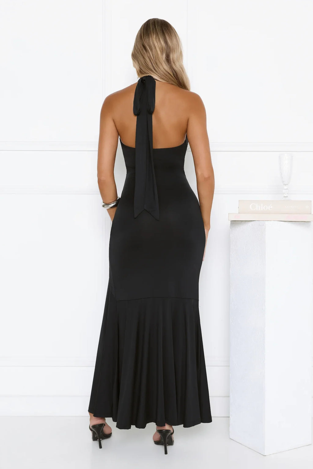 Sultry Halter Split Knit Maxi Dress Black
