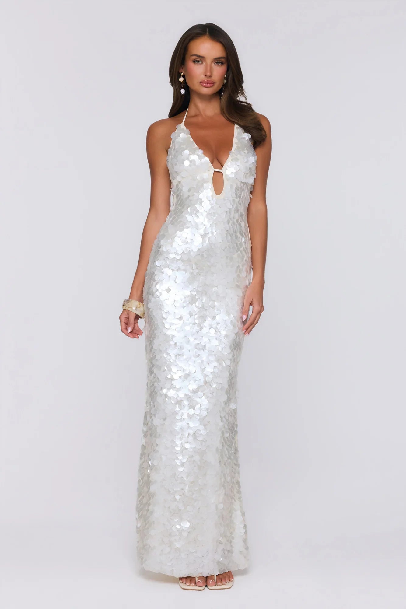 Sparkling Affair Sequin Halter Maxi Dress Ecru White