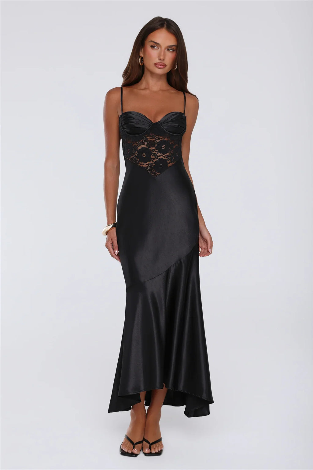 Sultry Horizon Satin Lace Maxi Dress Black