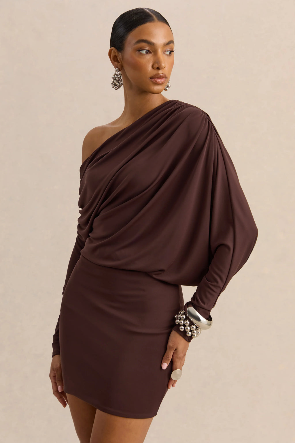 Inoria | Brown Asymmetric-Neck Mini Dress