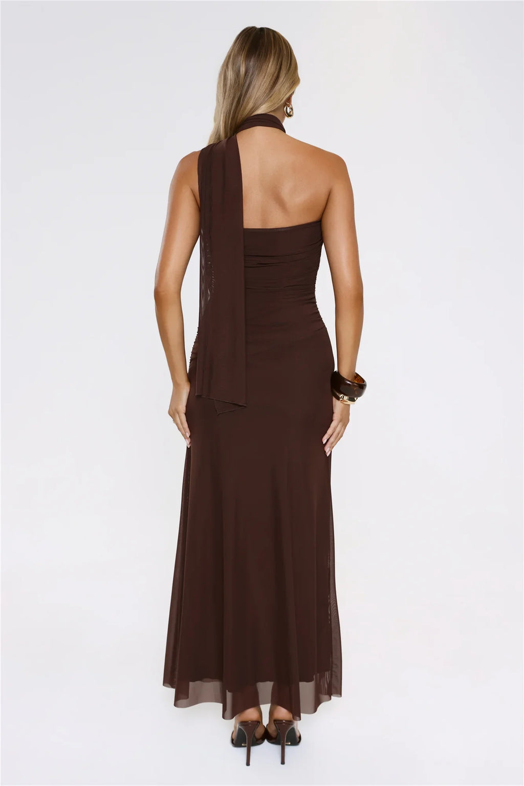 Evening Allure Mesh Strapless Maxi Dress Brown