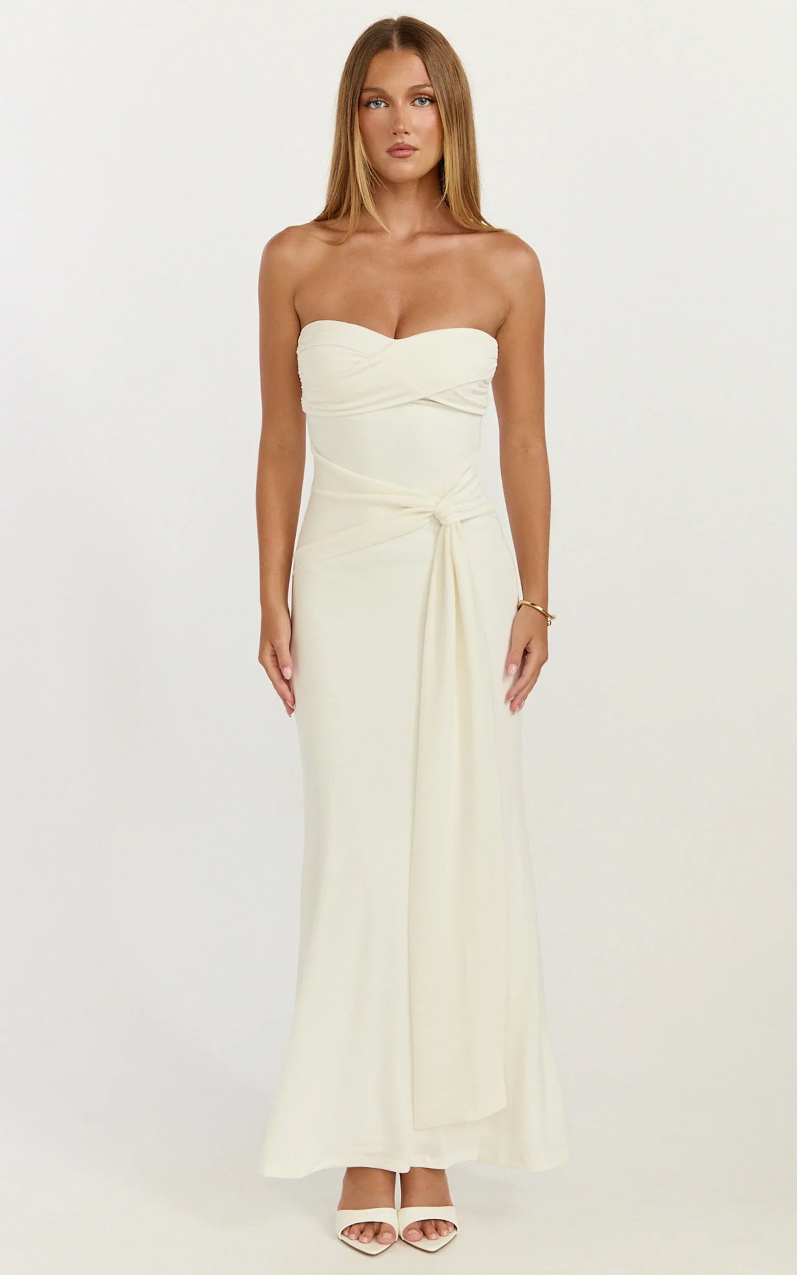 Aria Midi Dress - Strapless Tie Waist Dress in Off White