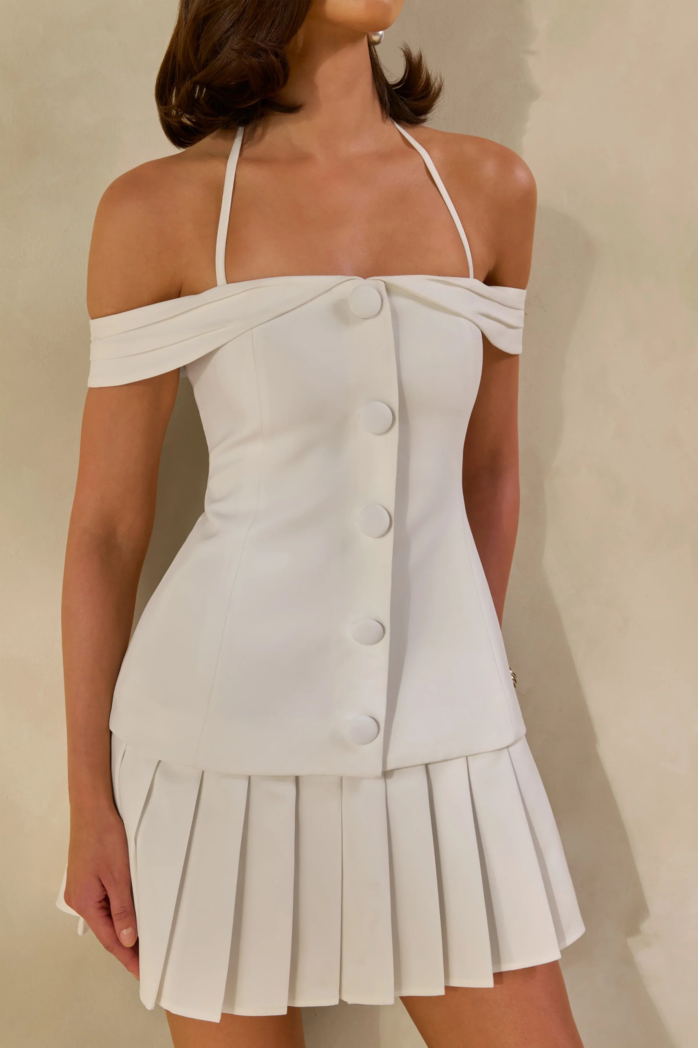 Celeta | White Bardot-Neck Mini Dress With Button-Detailing And Pleated-Hem