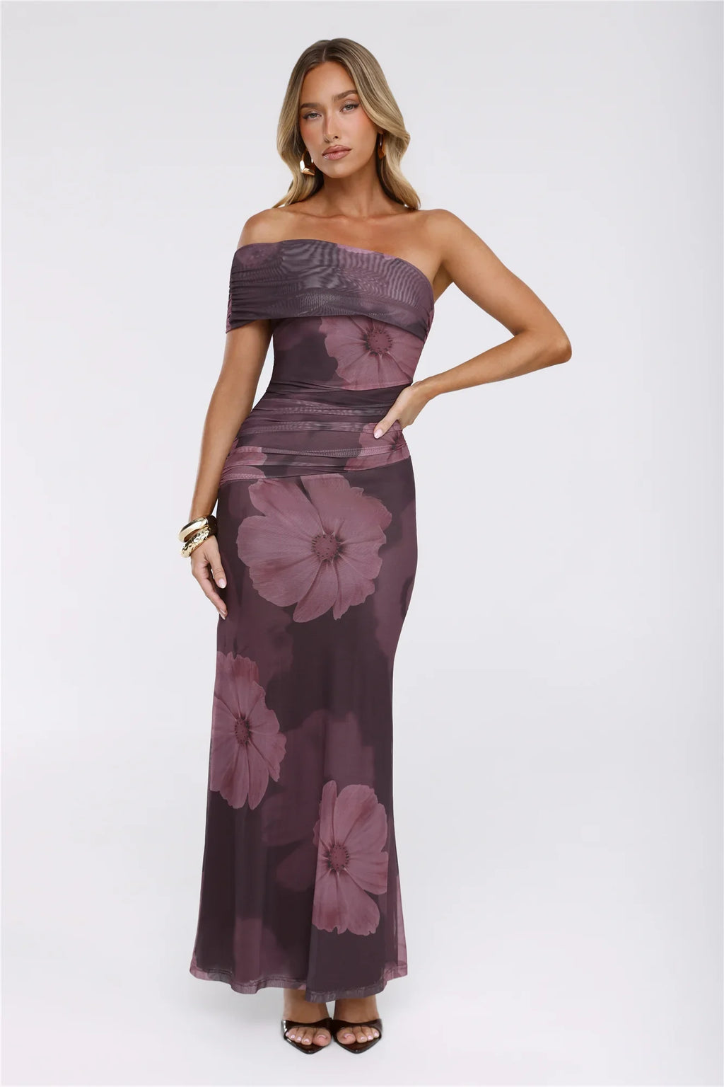 Mischief Glow Off Shoulder Mesh Maxi Dress Brown
