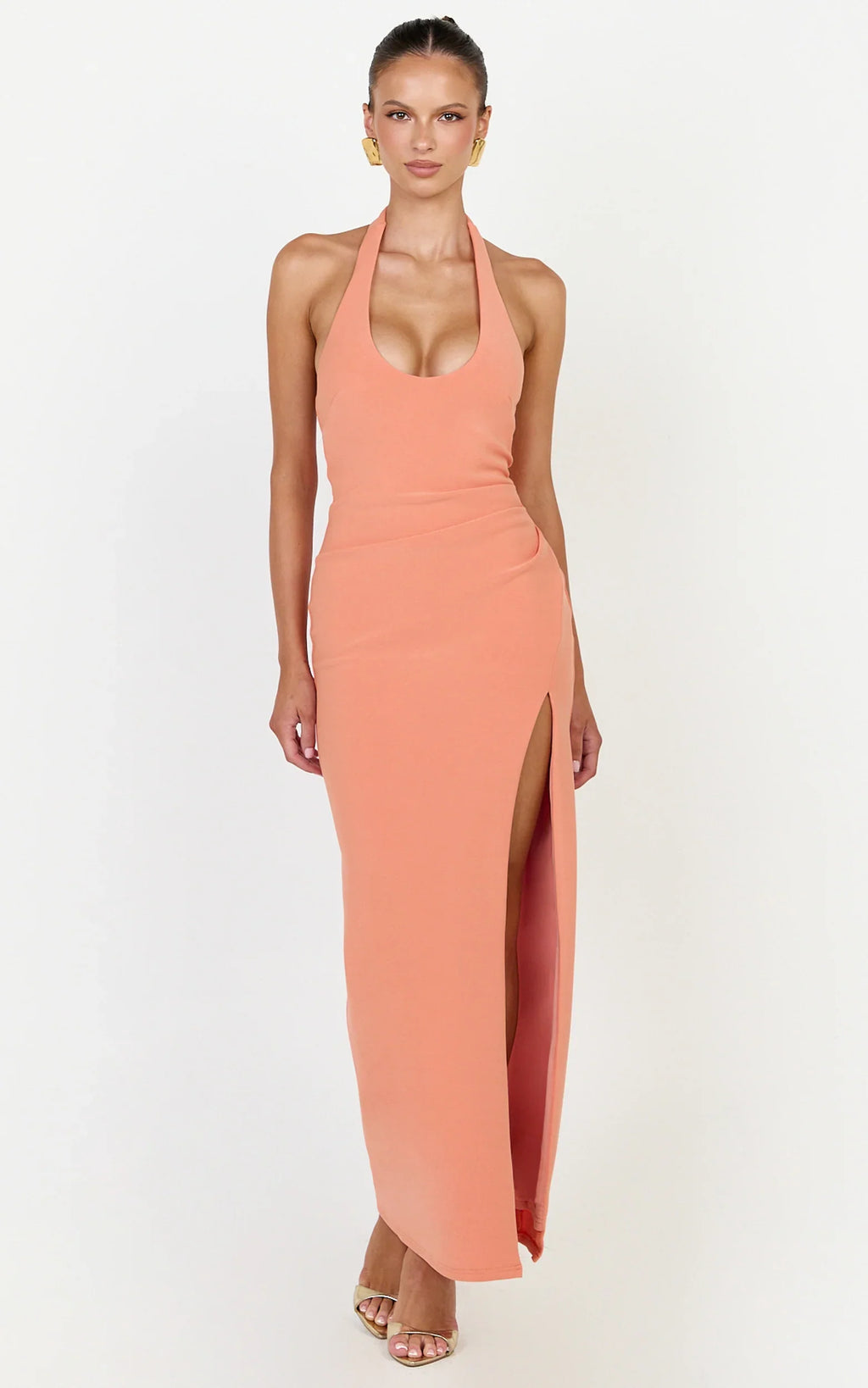 Ruby Maxi Dress - Halter Scoop Neck Low Back Bodycon Dress in Coral