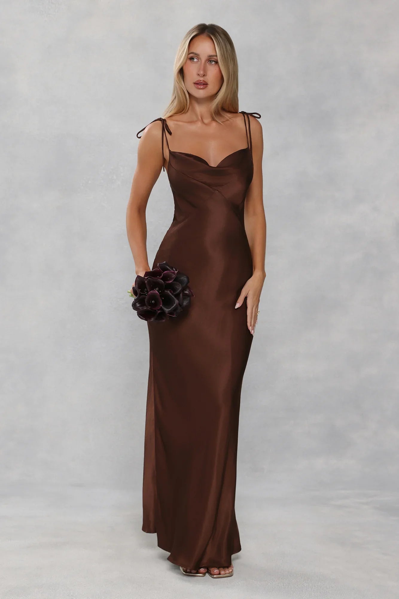 The Penelope Cowl Satin Maxi Dress Chocolate Brown