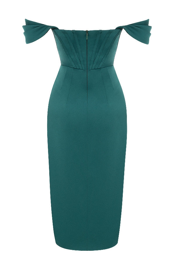 emerald green satin off shoulder dress