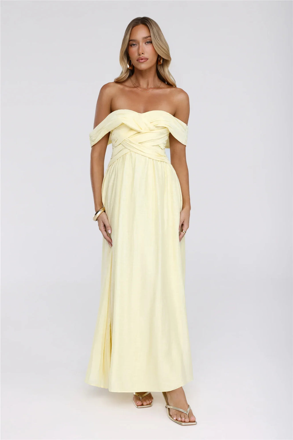 Sand Twirl Off Shoulder Maxi Dress Yellow