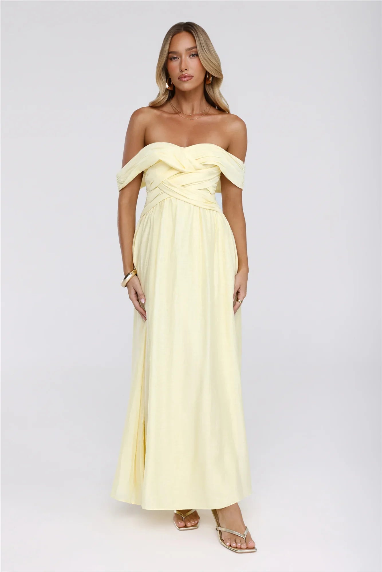 Sand Twirl Off Shoulder Maxi Dress Yellow