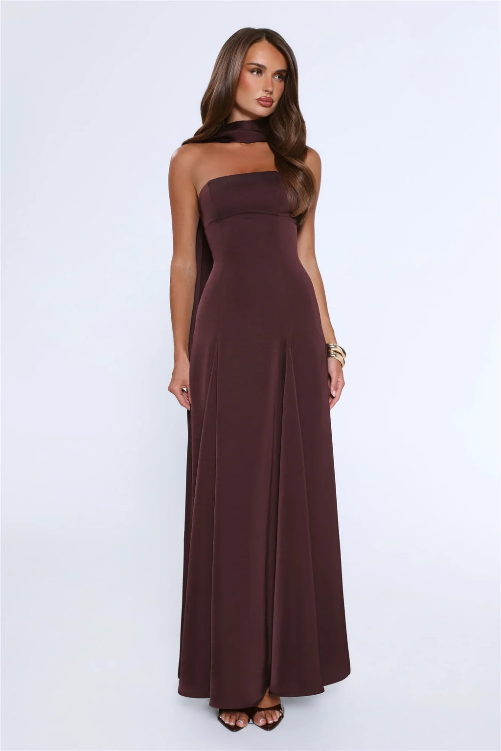 Satin Tempt Strapless Maxi Dress Chocolate
