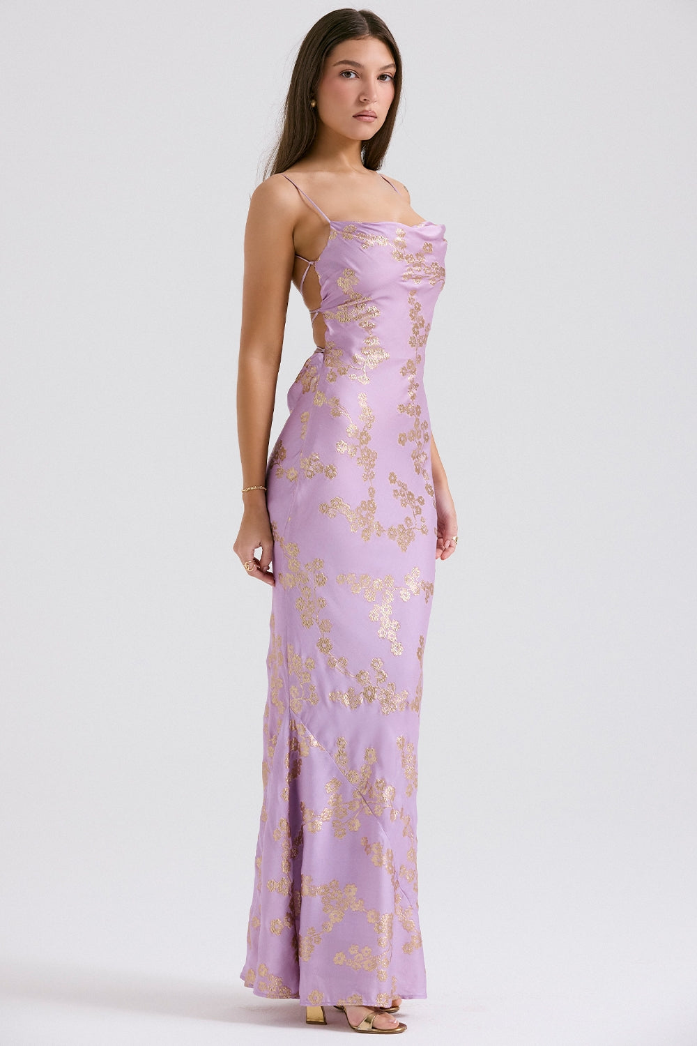 orchid jacquard satin gown