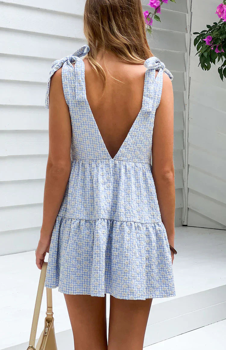Angel Girl Blue Gingham Floral Mini Dress