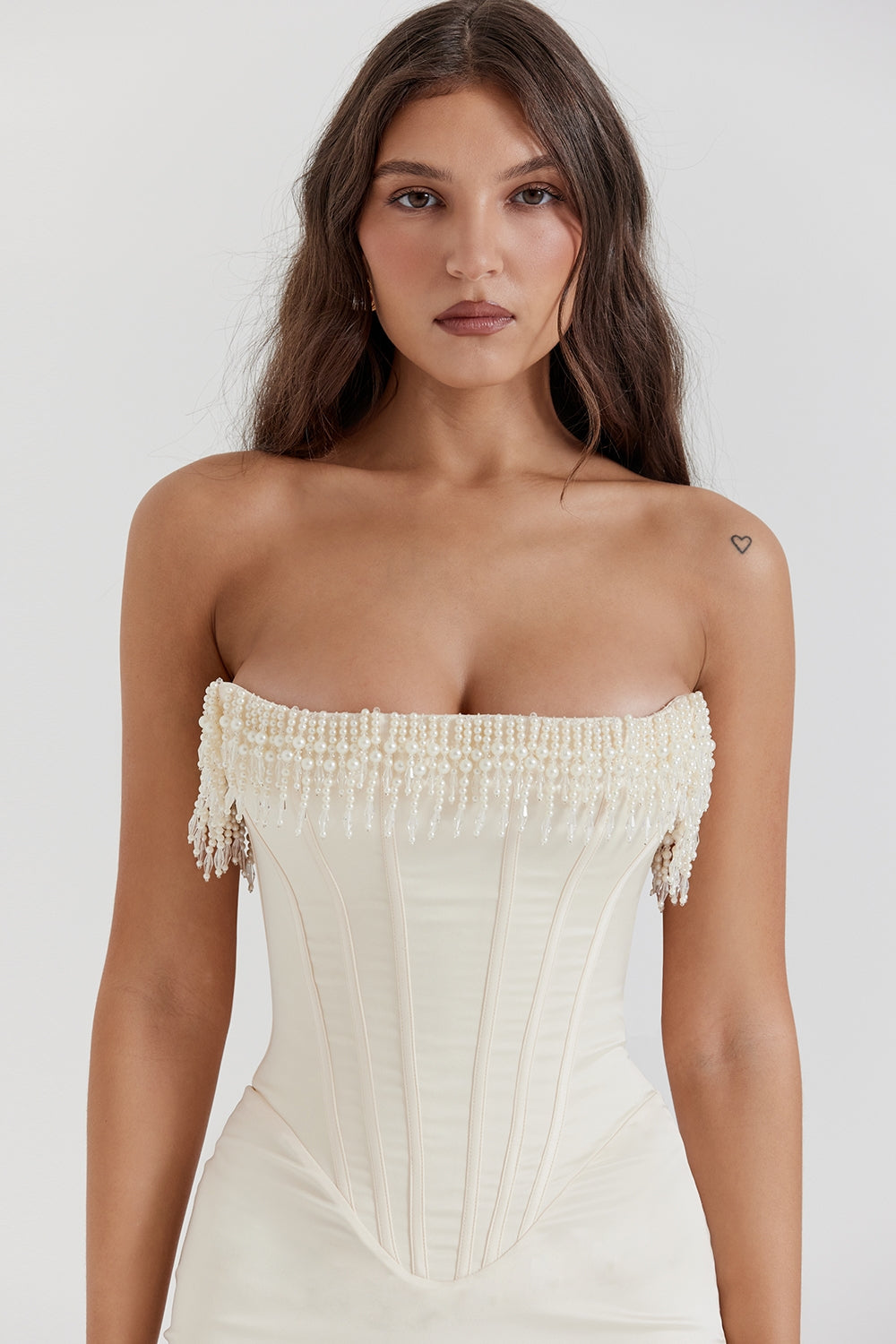 vintage cream embellished strapless dress