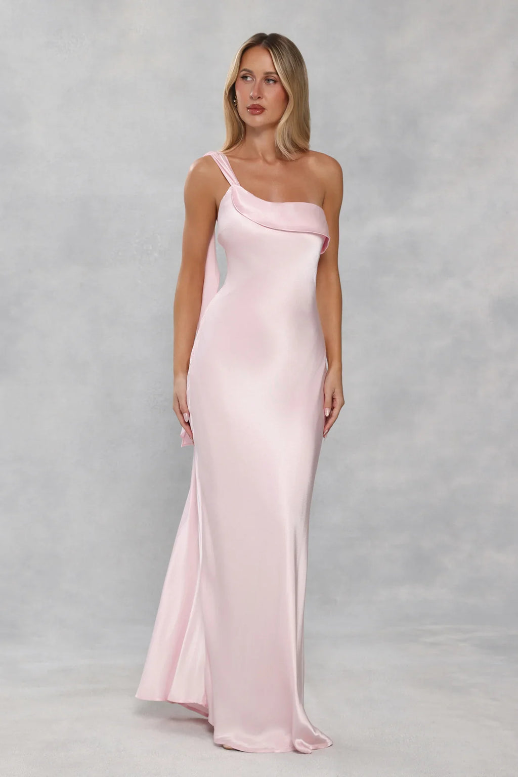The Zafira One Shoulder Satin Maxi Dress Light Pink