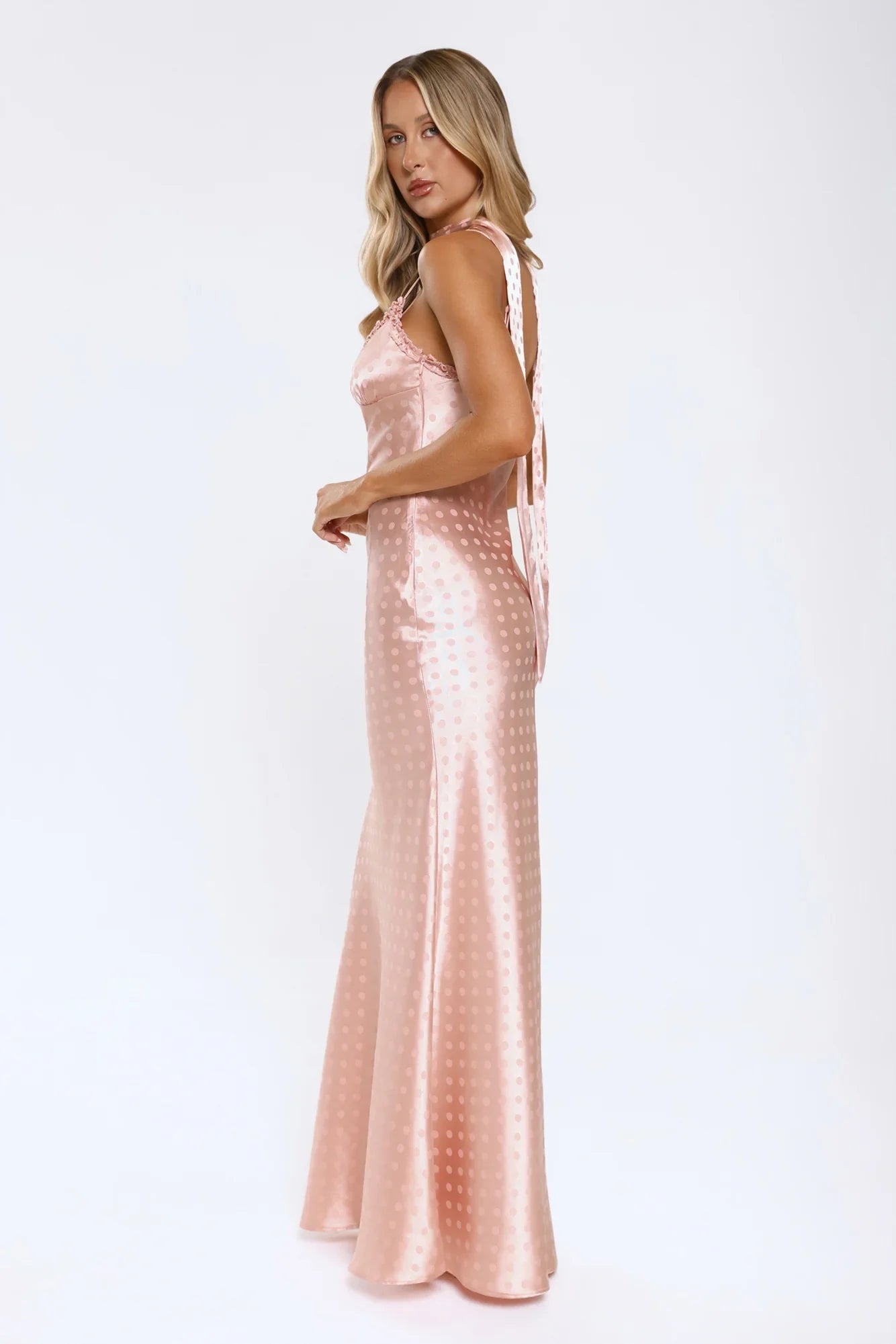 Summer Tease Polka Dot Satin Maxi Dress Pink