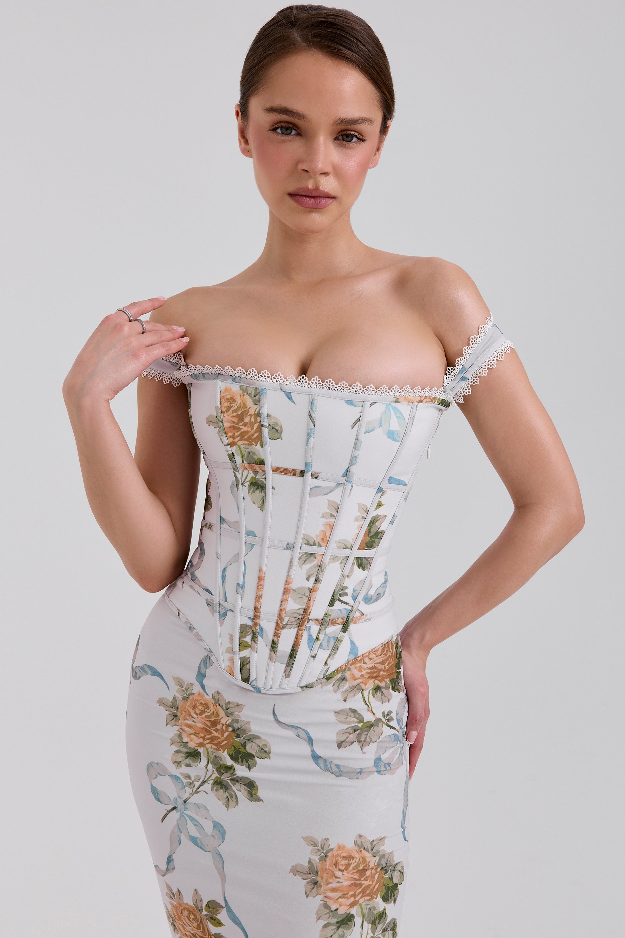soft blue vintage print corset maxi dress