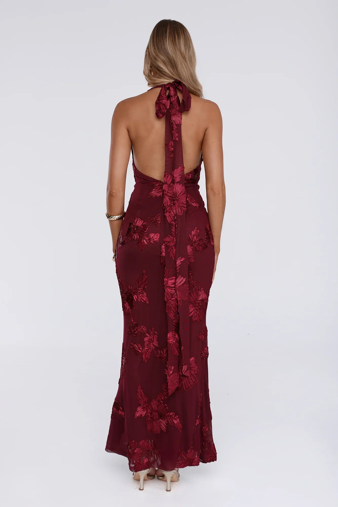 Lime Light Mesh Halter Maxi Dress Wine