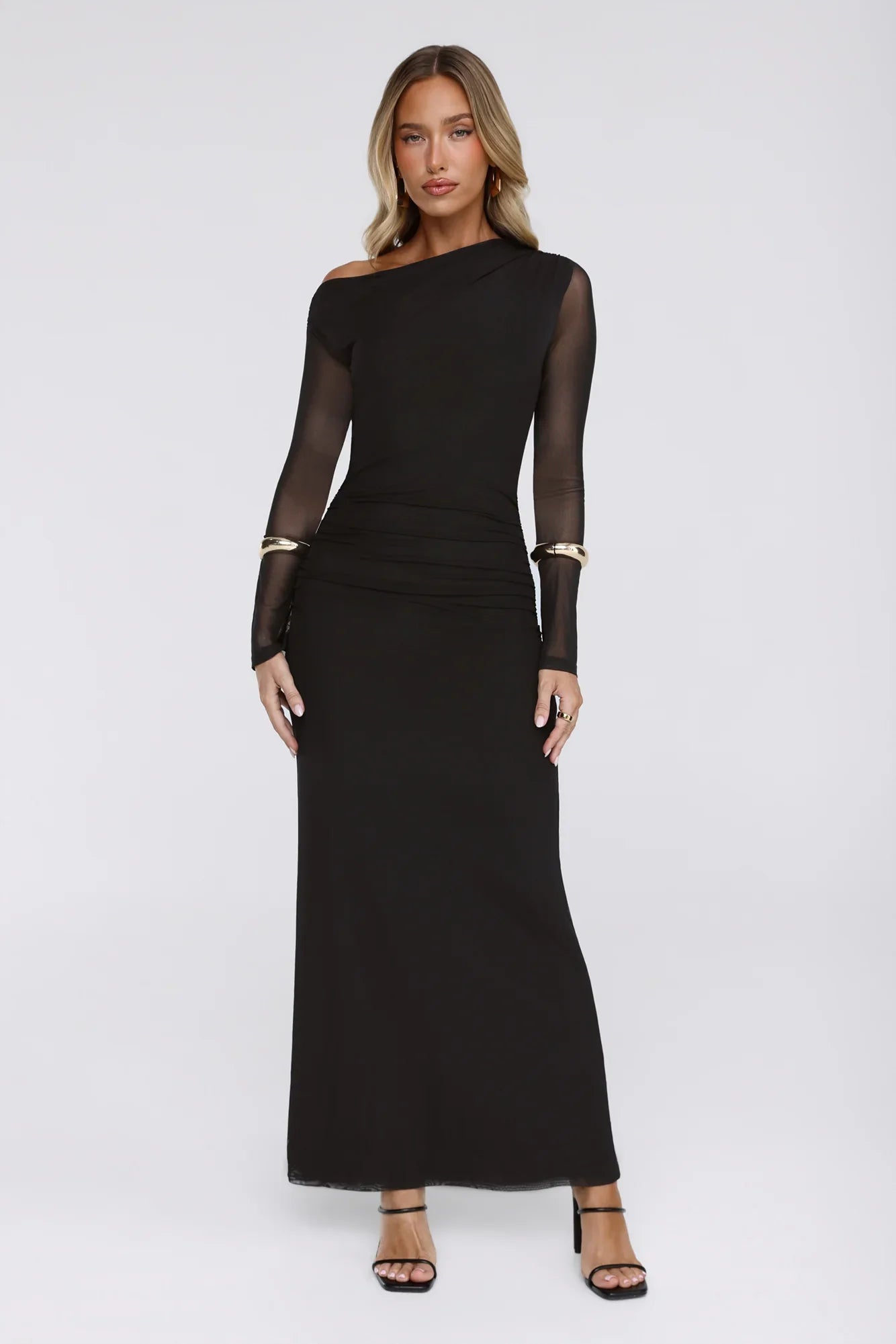 Effortlessly Influential Off Shoulder Mesh Long Sleeve Maxi Dress Black