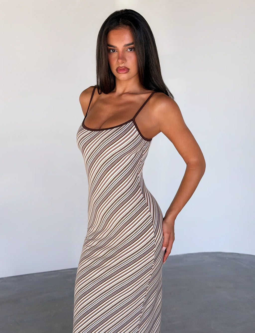 SLOANE MAXI DRESS - TAN AND CHOC STRIPE