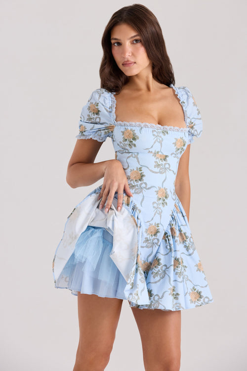 blue rose print cotton mini dress