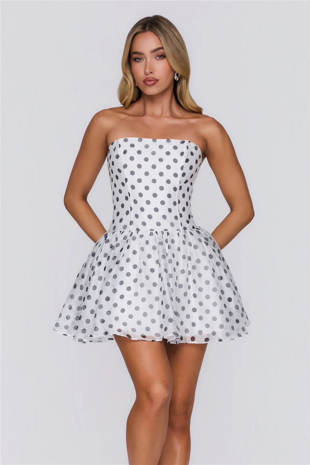 First Served Strapless Polka Dot Mini Dress White