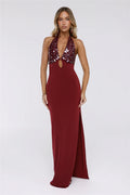 Shimmering Luxe Halter Maxi Dress Wine