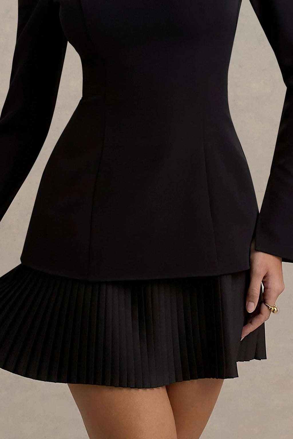 Athena | Black Long-Sleeve Mini Dress With Pleated Hem