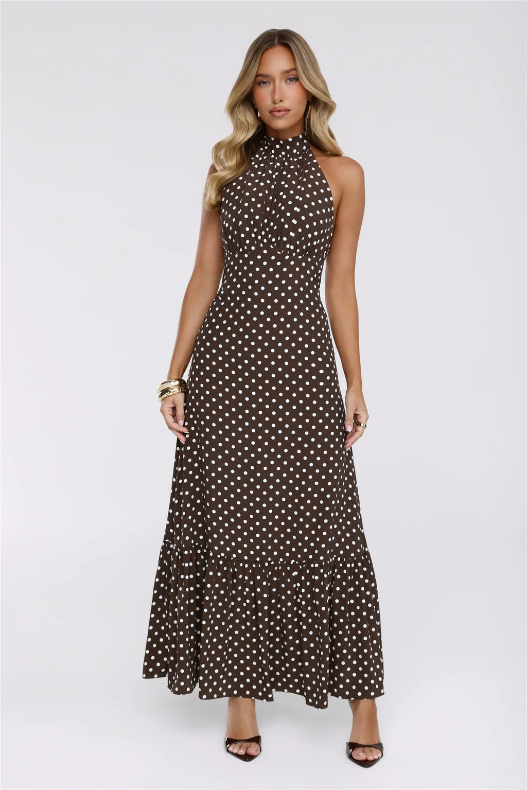 Pretty Wins Again Polka Dot Halter Maxi Dress Brown