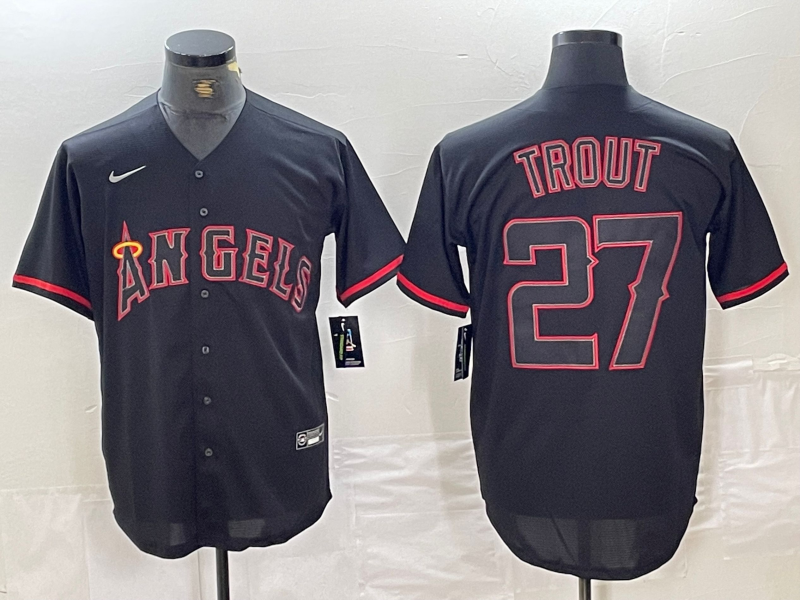 Men's Los Angeles Angels Mike Trout #27 MLB Black Sewn Baseball Jersey1