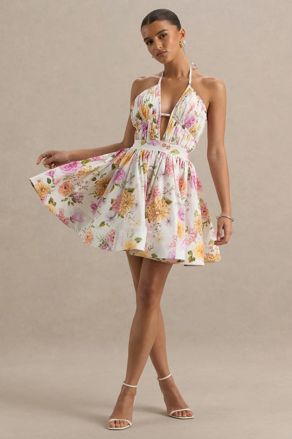 Kasey | Cream Floral Print Halter-Neck Mini Dress With Ruffle Detail