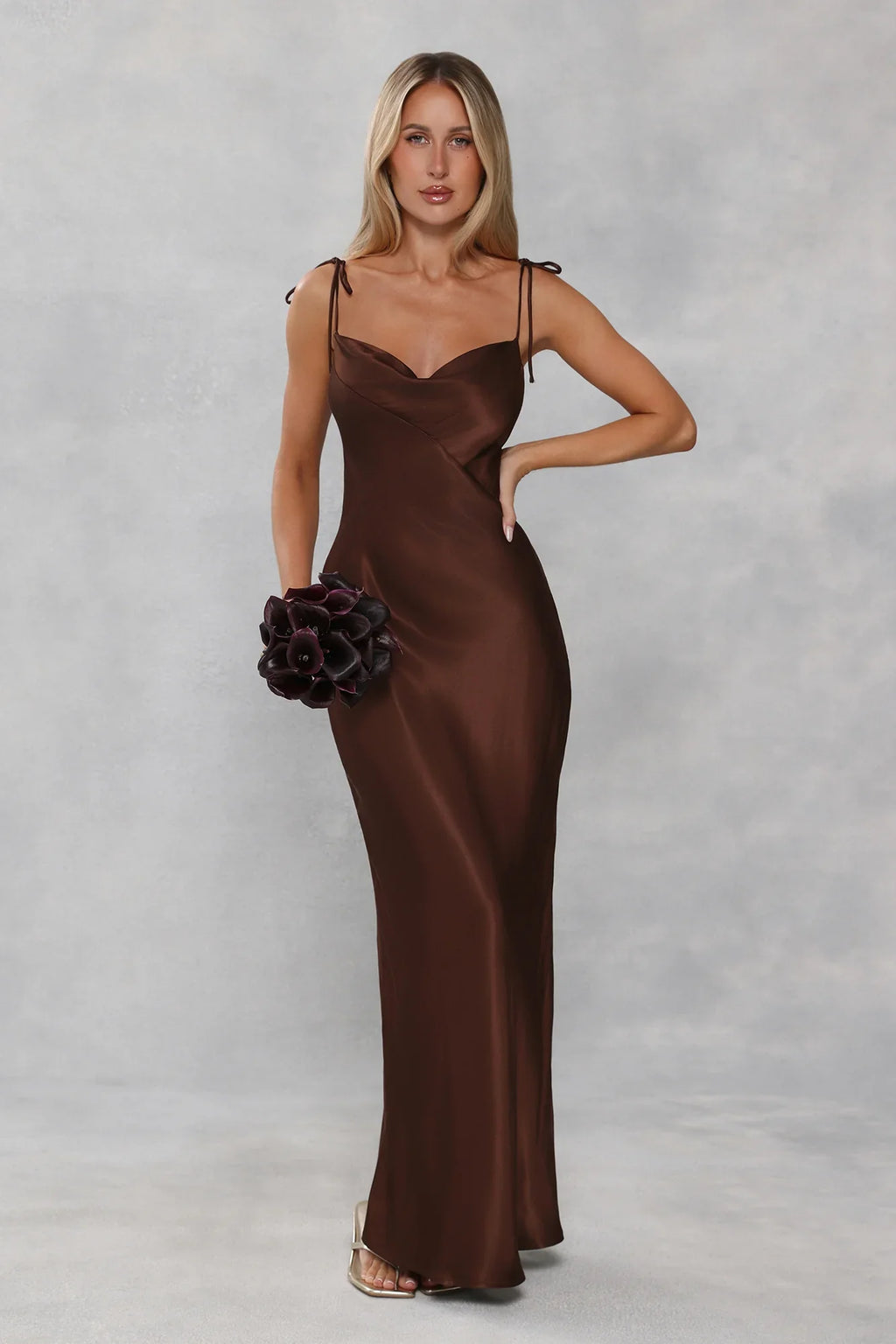The Penelope Cowl Satin Maxi Dress Chocolate Brown