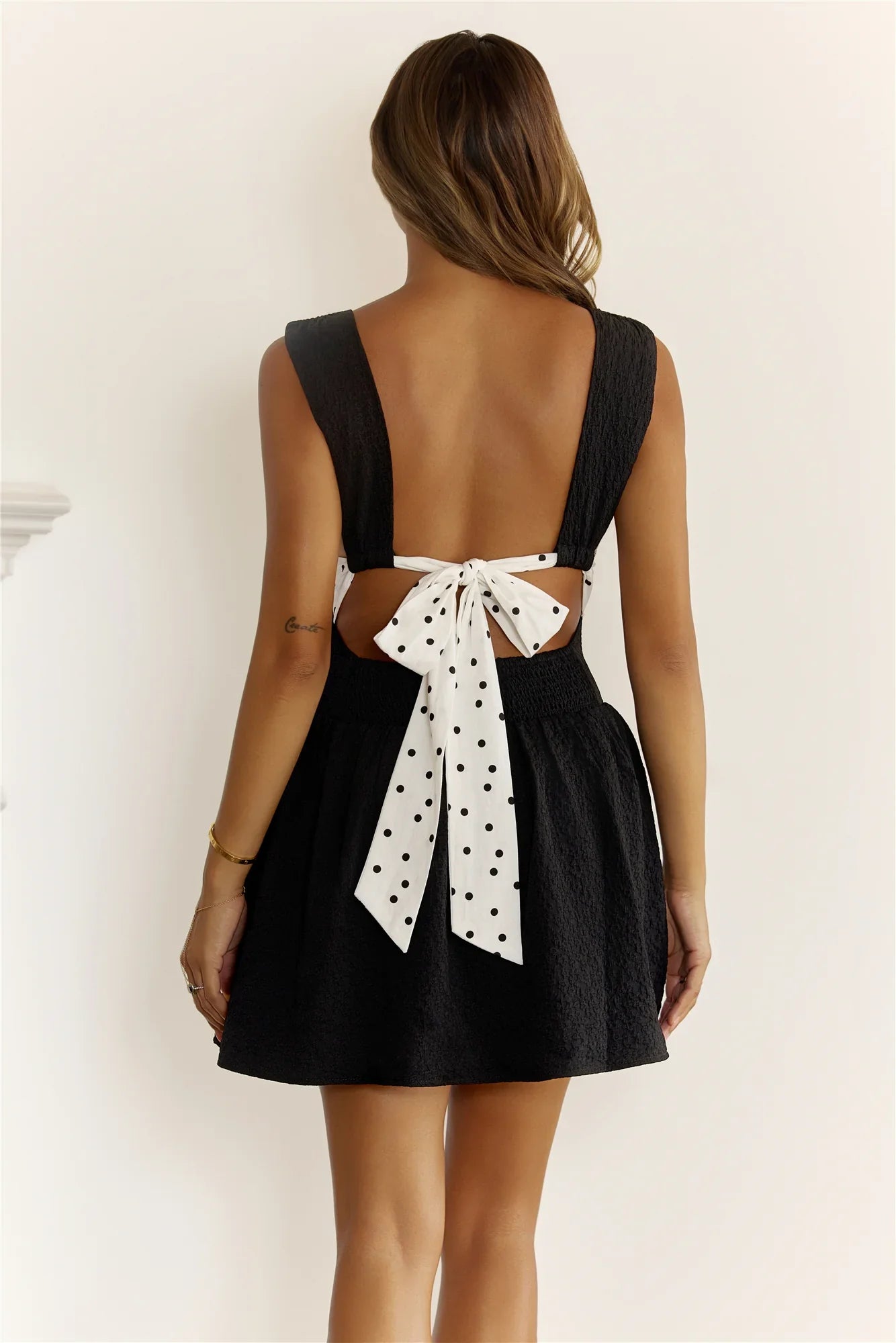 Textured Open Back Polka Dot Bow Mini Dress Black