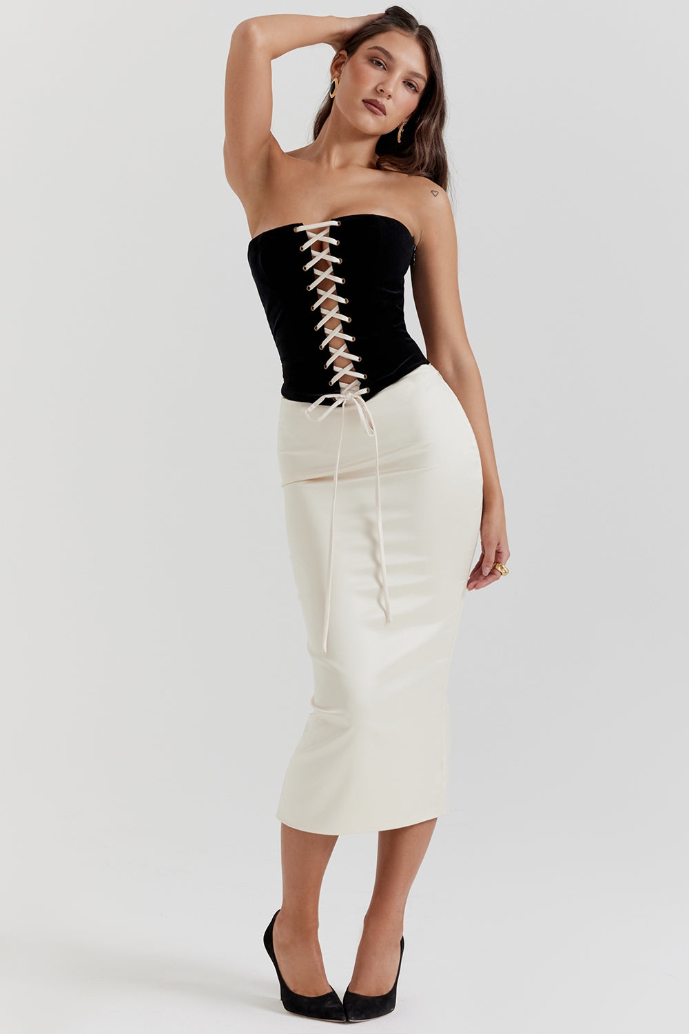 black & vintage cream strapless corset dress