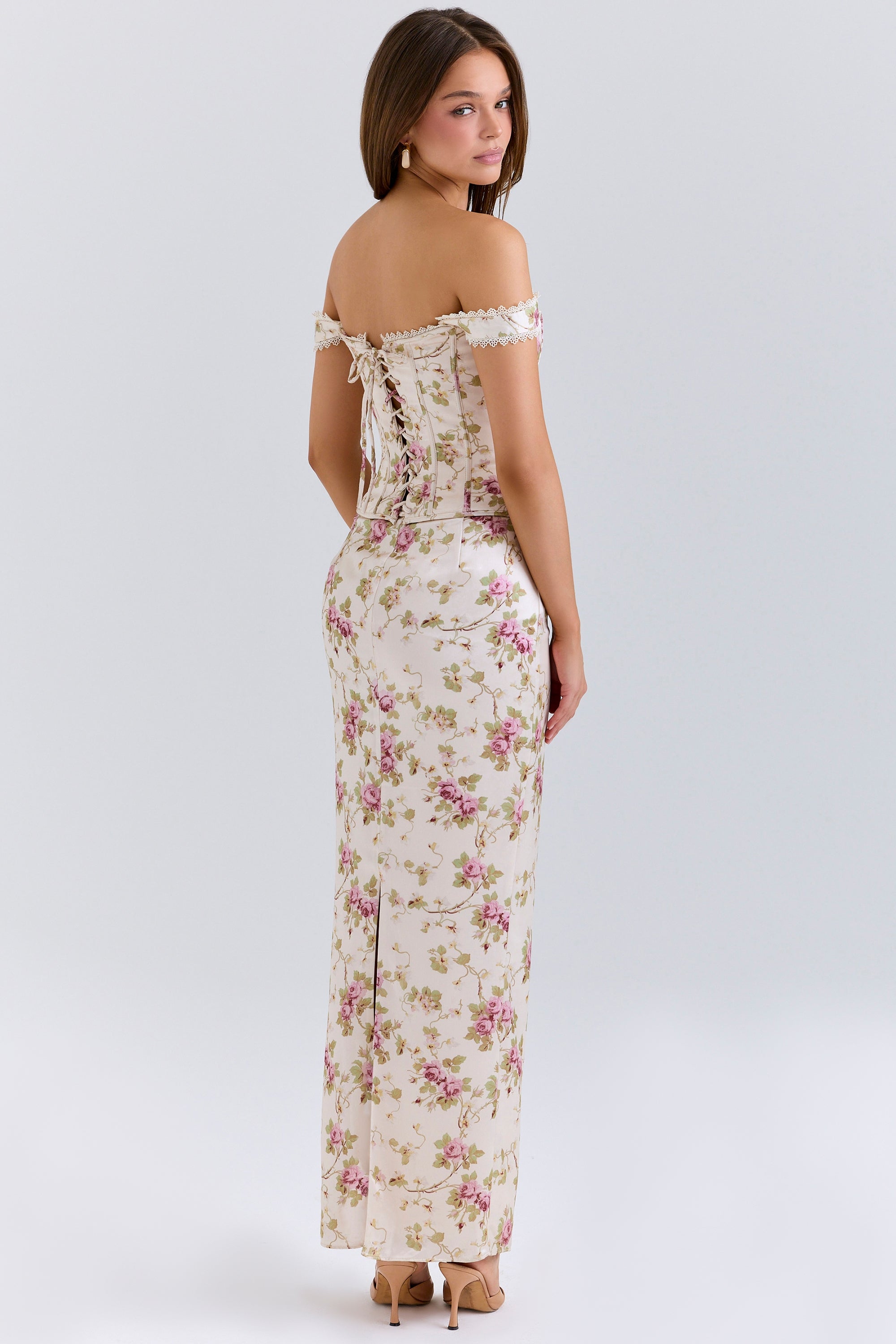 vintage cream floral print corset maxi dress