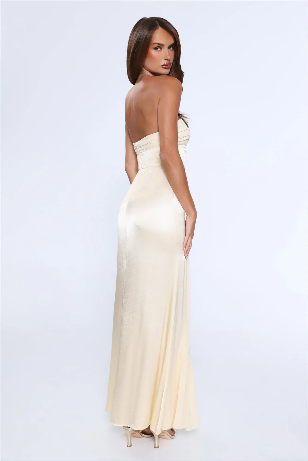 Statement Shine Strapless Satin Maxi Dress Yellow