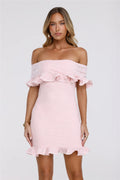 Glimmering Noir Off Shoulder Lace Mini Dress Pink