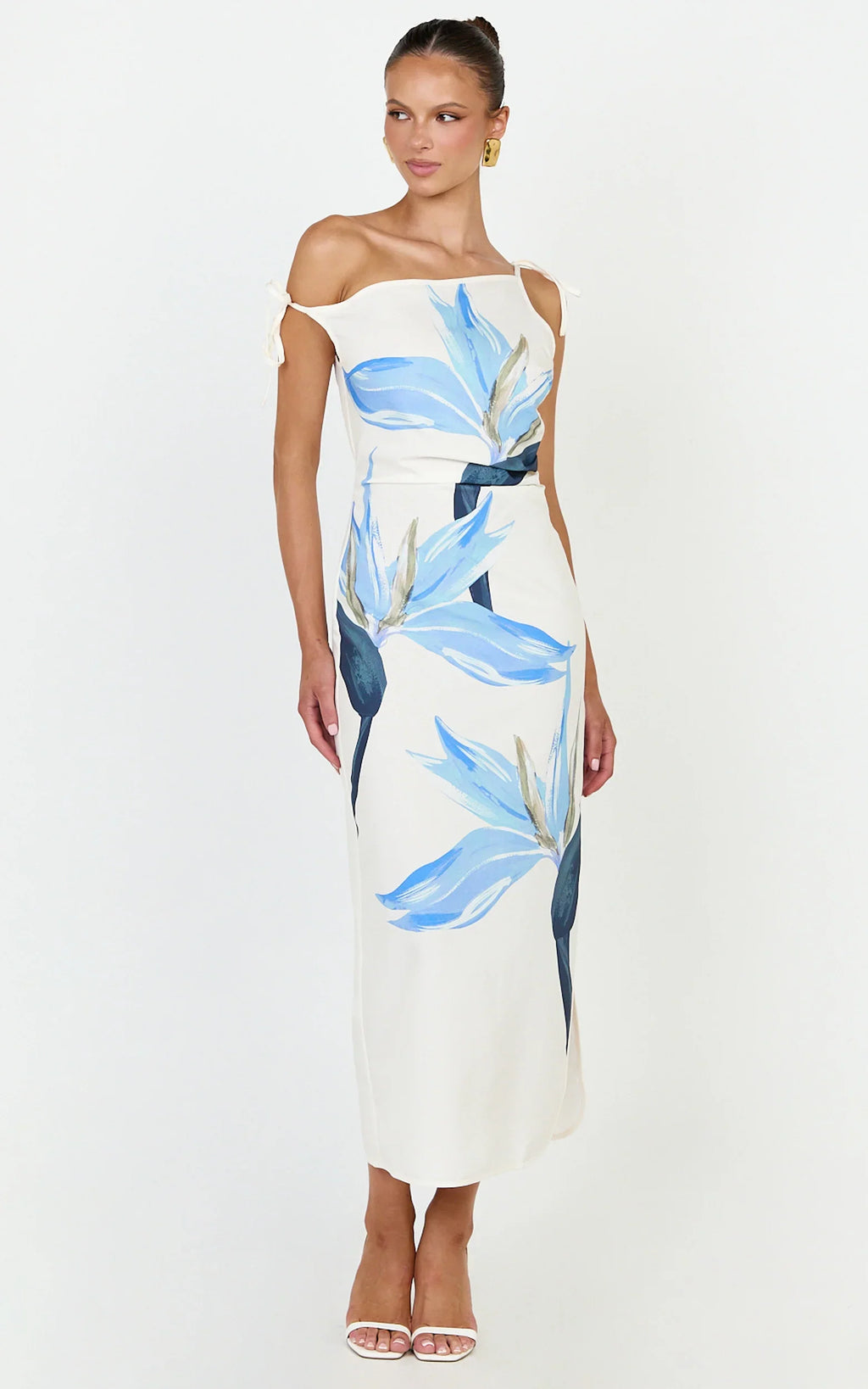 Zali Midi Dress - Off Shoulder Side Split Column Dress in Zali Floral Print