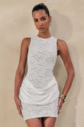 Setiana | White Lace Round-Neck Mini Dress With Draped-Detailing