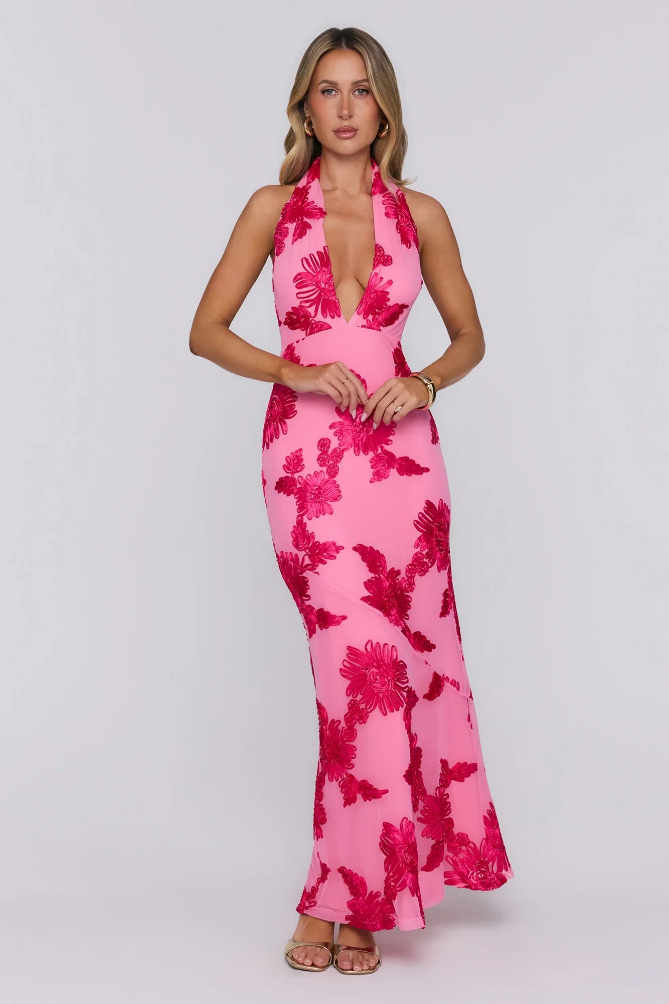 Electric Darling Mesh Halter Maxi Dress Pink