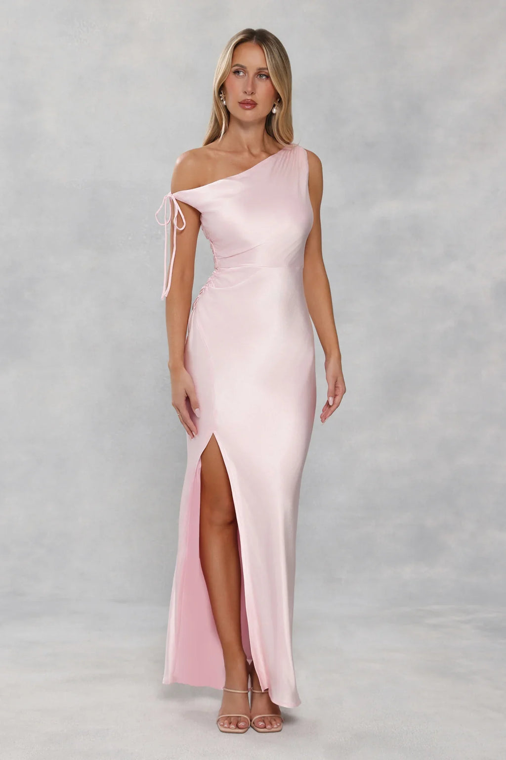 The Clover Off Shoulder Satin Maxi Dress Light Pink