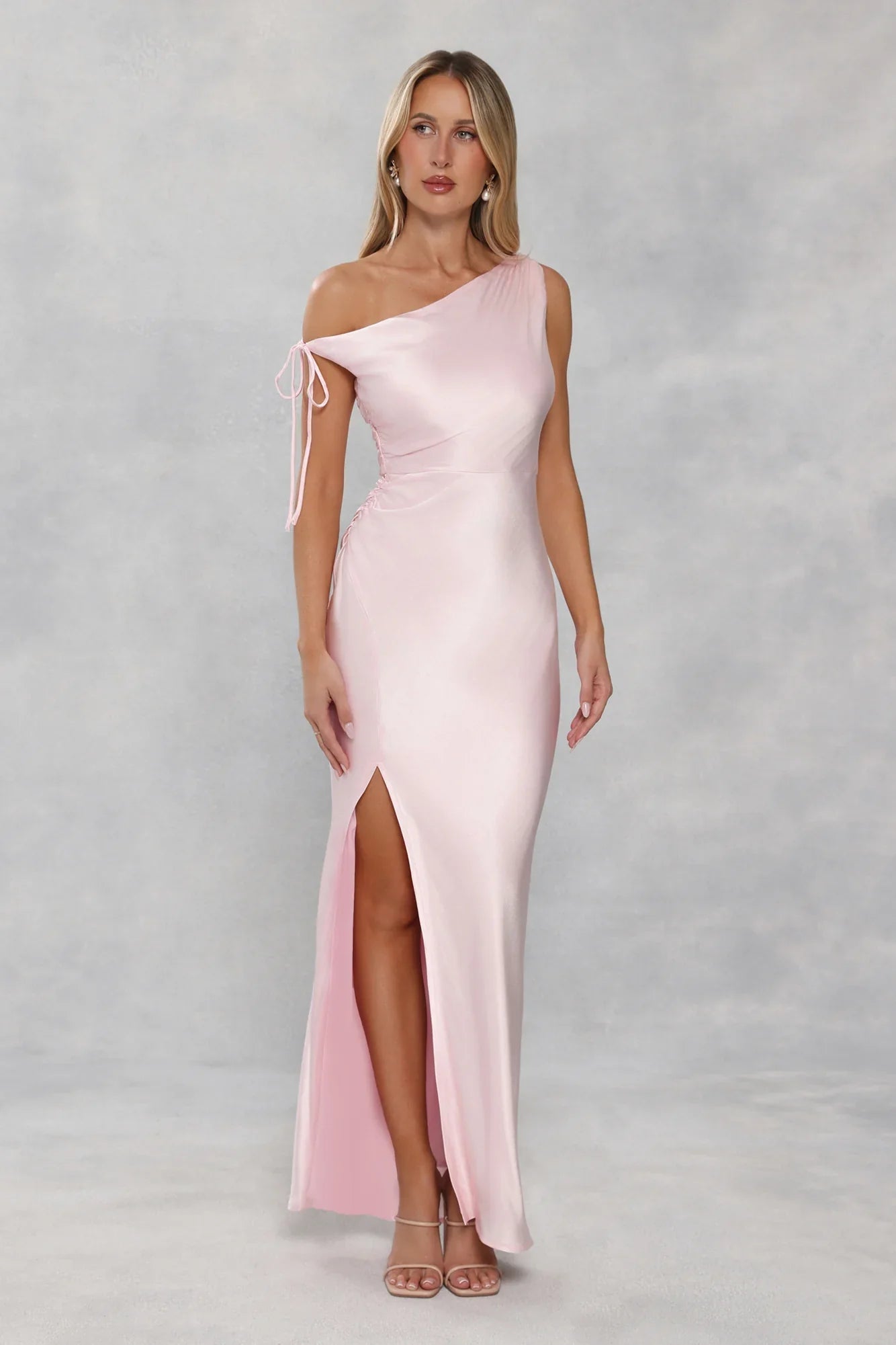 The Clover Off Shoulder Satin Maxi Dress Light Pink