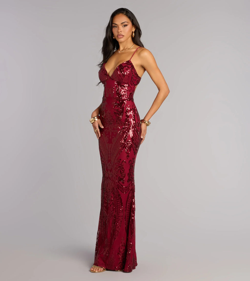 Ray Sequin Tie-Back Formal Dress