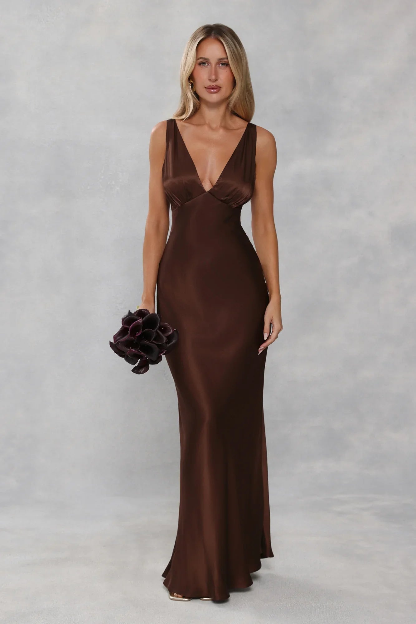 The Isabeau Satin Maxi Dress Chocolate Brown