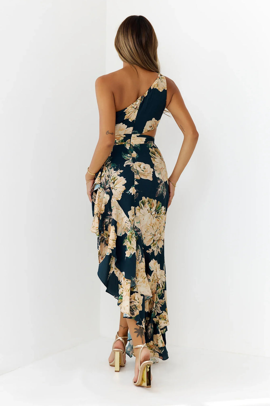 Floral One Shoulder Cutout Maxi Dress Navy