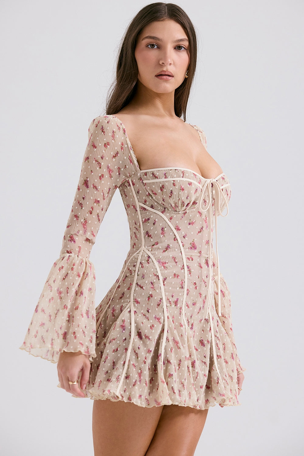 vintage cream rose print corset mini dress