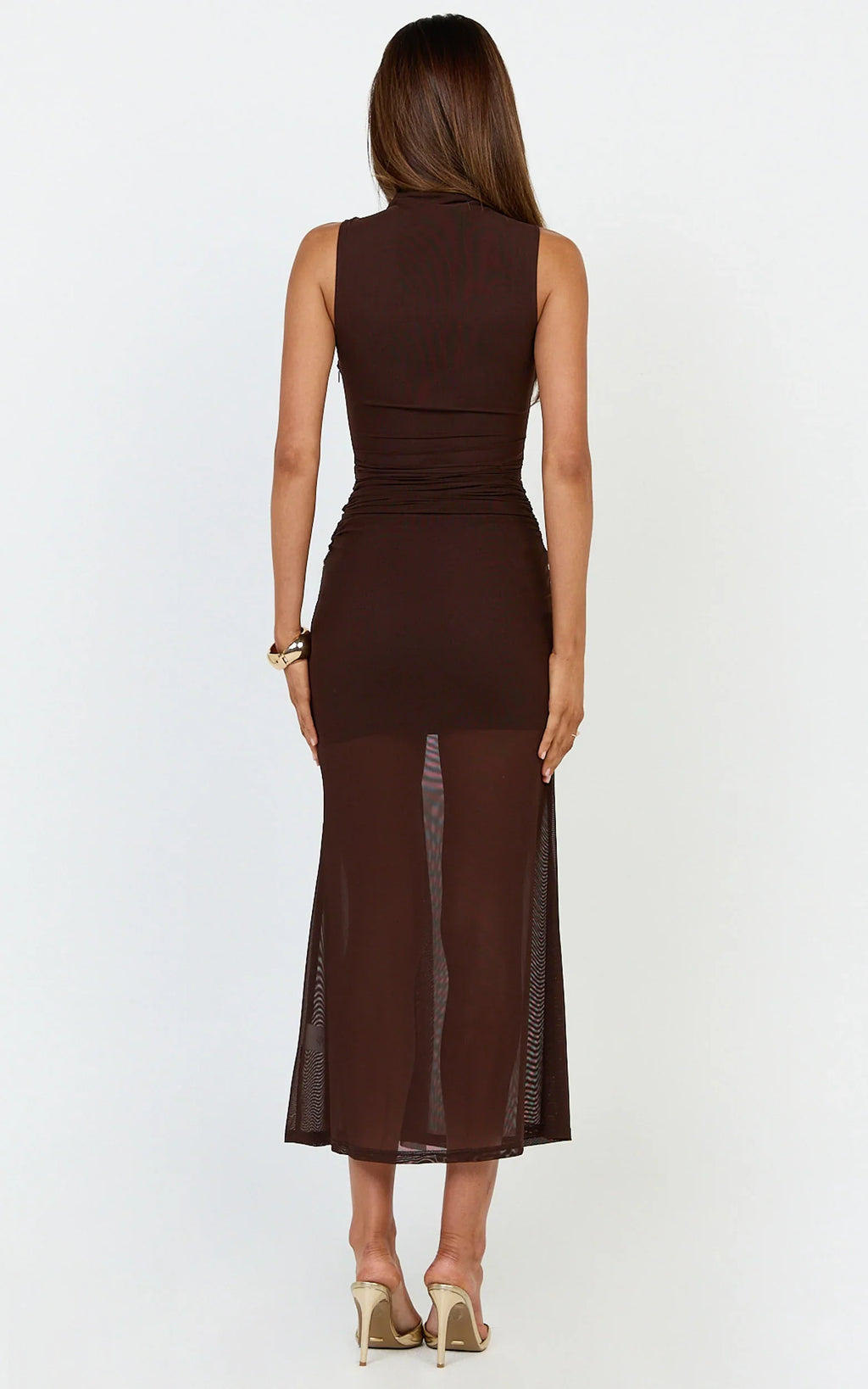 Jaimae Midi Dress - High Neck Side Knot Detail Mesh Dress in Chocolate
