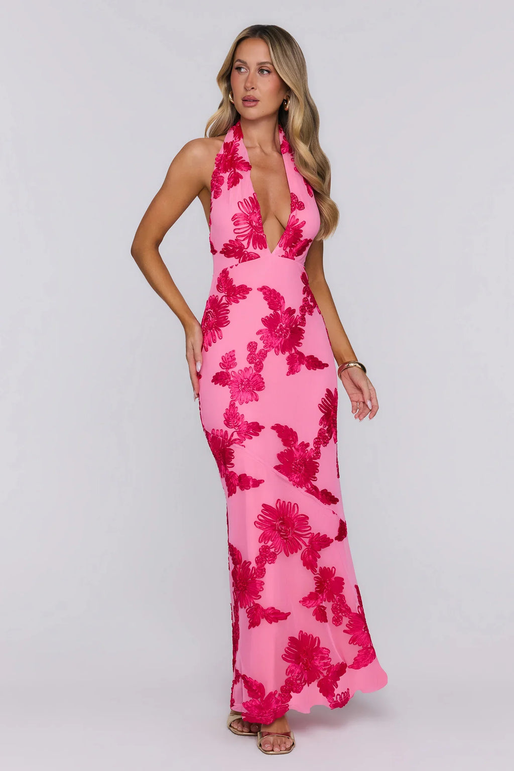Electric Darling Mesh Halter Maxi Dress Pink