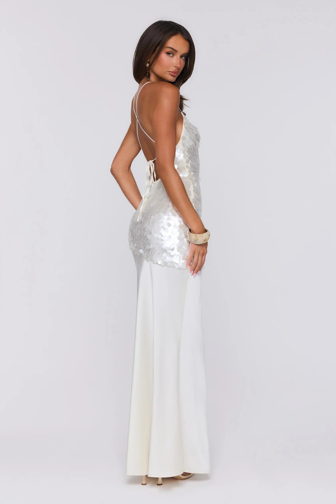 Shimmer Glow Sequin Maxi Dress Ecru White
