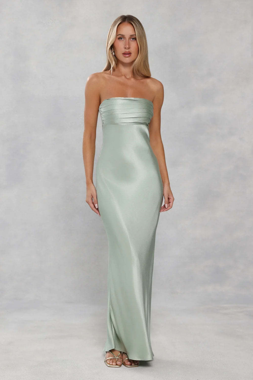 The Seraphina Strapless Satin Maxi Dress Sage Green