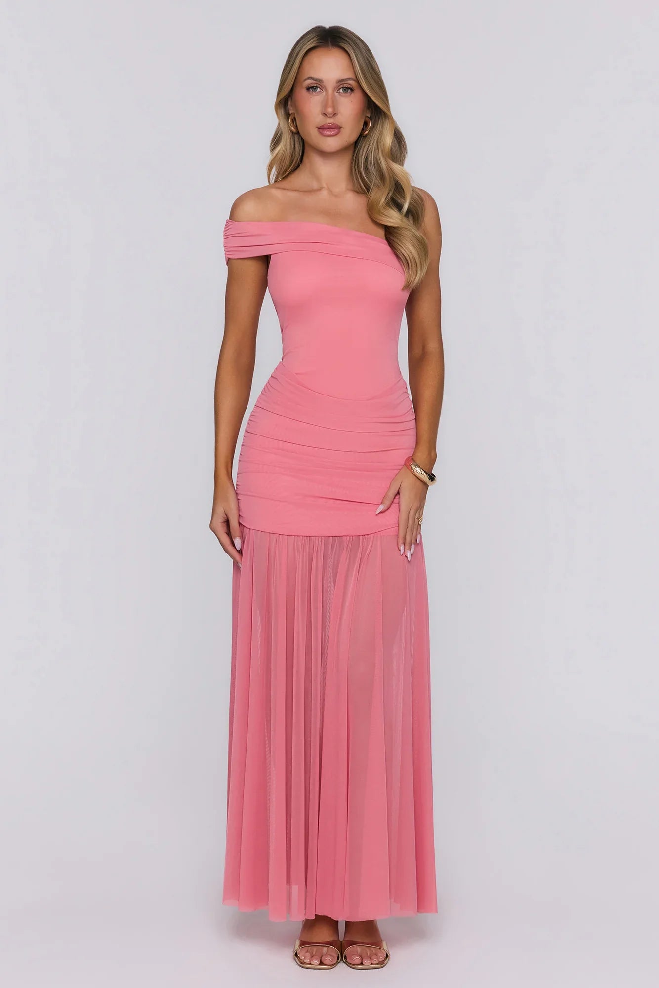 Moonlit Whisper One Shoulder Mesh Maxi Dress Pink